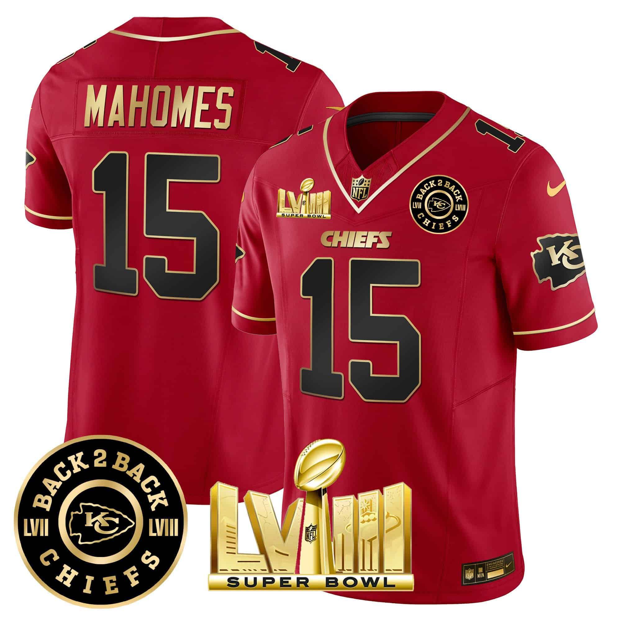 Men Kansas City Chiefs 15 Mahomes Red 2024 Nike Super Bowl LVIII & Back 2 Back Patch Vapor NFL Jersey style 2